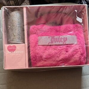 Juicy Couture Pink Furry Pouch and Rhinestone Tumbler Set